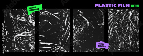 Set of polyethylene textures. Textured crumpled plastic film. Stretched wrinkled cling film. Grunge vector graphics design of cellophane packaging for template, mockup, print, cover, flyer