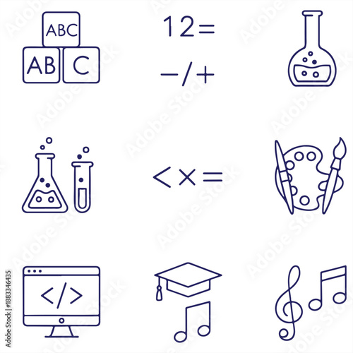 A creative illustration featuring various educational icons and symbols on a white background