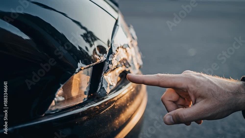 Car insurance accident estimate damage assessment with hand pointing scratched dented cracked black vehicle front bumper for claim appraisal inspection documentation of minor crash damage asphalt road