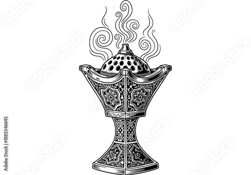An ornate metal incense burner with intricate designs and rising smoke, depicted in detailed black and white vector illustration
