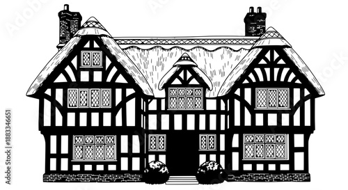 Illustration of a Traditional English Tudor-Style Cottage with Black and White Half-Timbered Architecture and a Tiled Roof Viewed from the Front