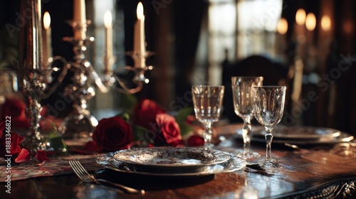 A table set for an intimate Valentine's dinner, with fine china, crystal glasses, and a silver candelabra, 8k, realistic, full ultra HD, high resolution, cinematic photography
