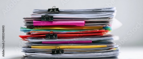The Stack of Colorful Office Documents and Paperwork Bound with Binder Clips