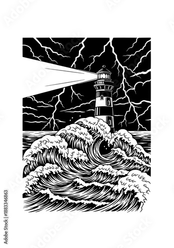 A serene lighthouse standing tall amidst turbulent waves and a stormy sky
