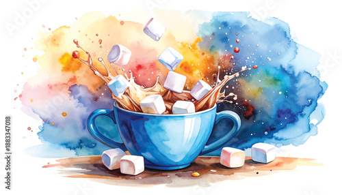 Vibrant watercolor splash of marshmallows falling into a blue mug illutrastion transparent background