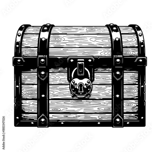 An old wooden treasure chest with metal bands and lock, symbolizing wealth, black and white vector line art