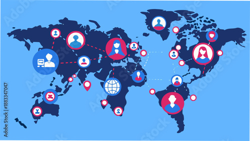 a world map with various profile icons indicating global connectivity and networking
