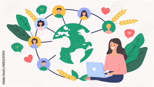 global connection illustration featuring people earth leaves and hearts