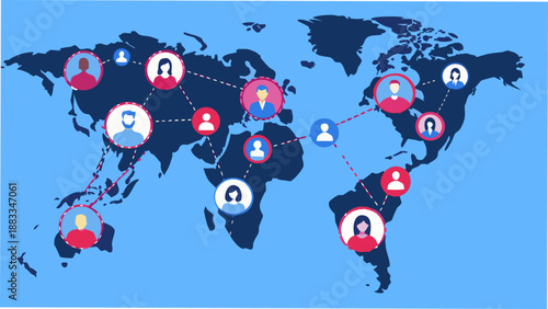 a world map illustration with connected faces representing global communication and networking