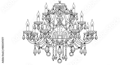 Ornate Victorian chandelier with intricate prisms and candle bulbs in fine line-art vector