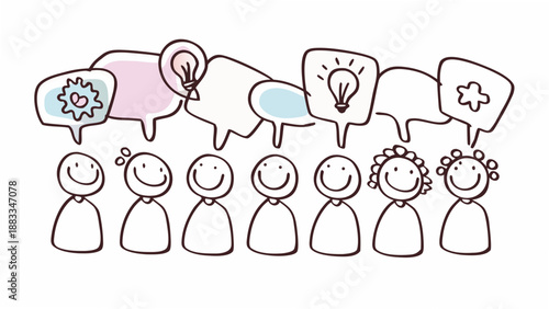 a whimsical drawing depicting a group of people with thought bubbles above their heads