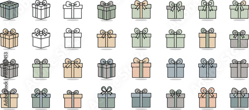 Collection of assorted gift boxes with bows arranged in a grid pattern on a plain background from a direct viewpoint