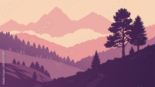 Serene mountain landscape with sunset silhouettes