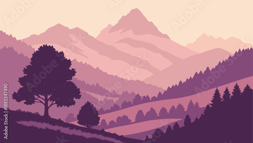 Serene mountain landscape with trees and valleys