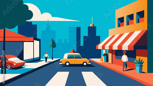 Vibrant city street with buildings and taxi