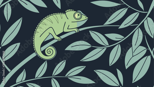 Chameleon on branch with leaves illustration