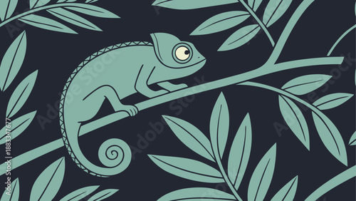 Chameleon on branch in tropical leaves