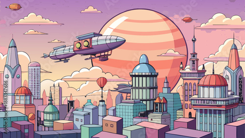 Retro futuristic cityscape with flying spaceship