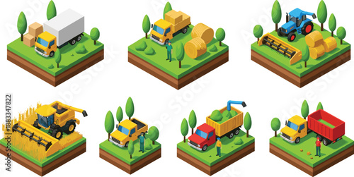 Isometric Farming and Agriculture Vehicle Vector Set with Tractors, Harvesters, Trucks, and Crop Transport Scenes for Rural and Agribusiness Designs