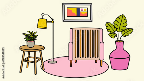 Cozy living room interior with plants and radiator