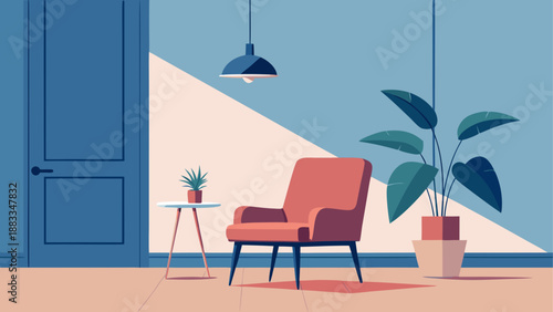 Modern minimalist living room with armchair and plants