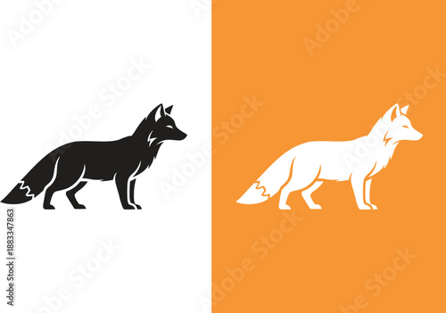 Standing fox silhouette vector illustration wildlife side view black orange background set