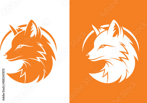 Stylized fox head logo in orange and white within a circle on backgrounds