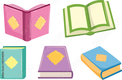 Colorful Cartoon Books Illustration Set. Generic Open and Closed Books for Education, Reading, and Storytelling on White Background.
