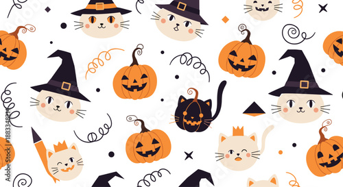 Playful seamless halloween pattern with cute cat faces wearing witch hats and orange carved jack-o-lantern pumpkins.