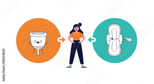 Illustrated woman choosing between menstrual cup and sanitary pad for personal hygiene and health care period options.