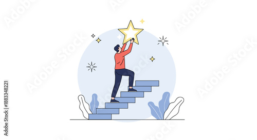 Determined man climbing up a flight of stairs to reach a big shining star representing success and goal achievement.
