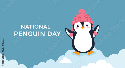 Adorable cartoon penguin wearing a pink knitted hat standing on a white cloud for national penguin day celebration.