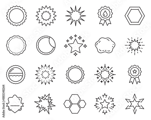 20 Starburst & Badge Outline Icons Set – Editable Line Stars, Labels, Awards & Decorative Shapes