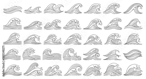 Extensive collection of various sea wave line art icons and sketches representing different ocean tide movements.