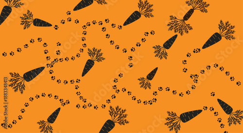 Playful pattern featuring black silhouettes of carrots and rows of animal paw prints on a bright orange background.