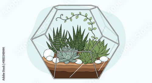 Beautiful arrangement of various succulents and indoor plants inside a modern geometric glass terrarium on light blue background.