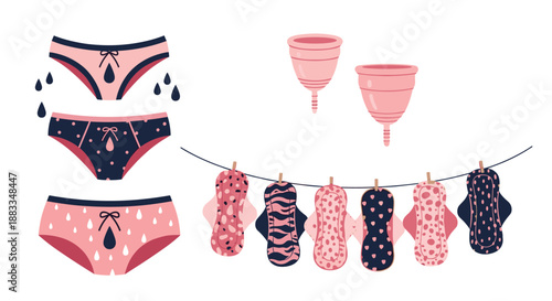 Comprehensive collection of various period care products including reusable pads, menstrual cups, and absorbent underwear.