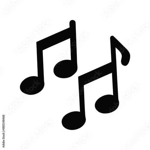 Two musical notes in black silhouette floating on a white background image