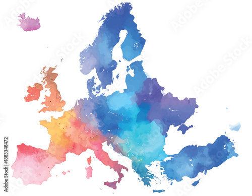Watercolor Map of Europe Showing Diverse Colors Across Different illutrastion transparent background