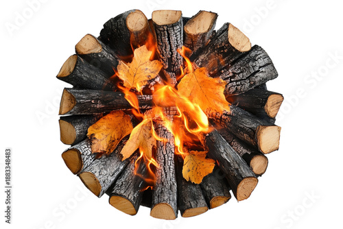 Warm autumn fire viewed from top isolated on transparent background