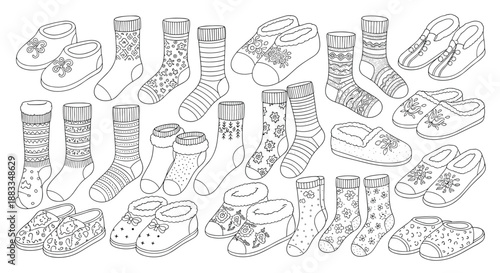 Diverse collection of hand drawn sketches featuring various patterns of cozy socks and indoor house slippers for winter.
