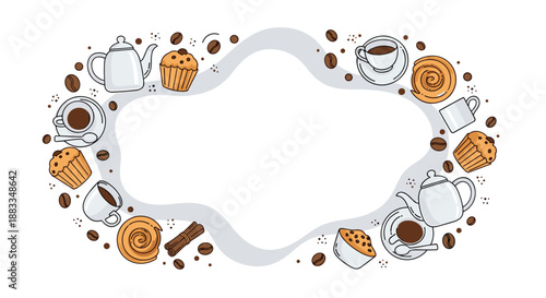 Decorative oval frame composed of coffee cups, teapots, muffins, and sweet rolls for cafe menu or bakery branding.