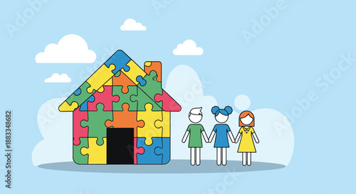 Diverse group of people holding hands next to a house made of colorful jigsaw puzzle pieces representing community and support.