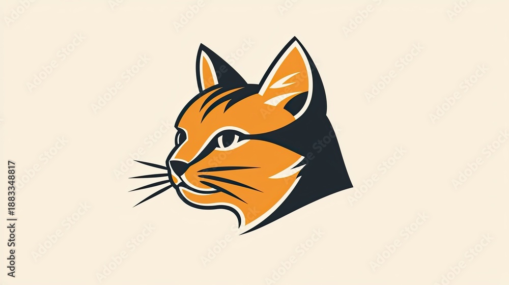 Fototapeta premium Meow treat feeding cat head illustration features a stylized head of a cat showcasing vibrant orange and black colors. Perfect for pet lovers and animal-themed projects.