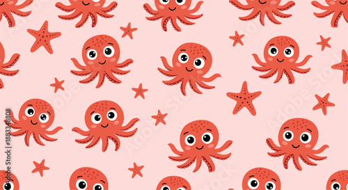 Seamless pattern of adorable red octopuses with large eyes and small starfish on a light pink background for nursery decor.