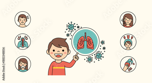 Young boy pointing at a circle showing human lungs surrounded by icons of various virus symptoms for healthcare education.
