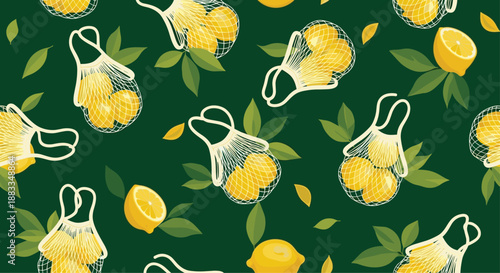 Seamless background pattern of eco friendly mesh shopping bags filled with fresh yellow lemons and green leaves on dark green.