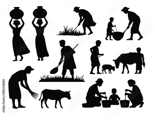 Silhouettes of rural life isolated on white background, Vector, illustration