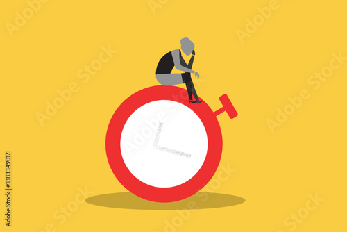 Businesswoman sitting on a giant stopwatch looking stressed, representing time management, deadlines, and work pressure