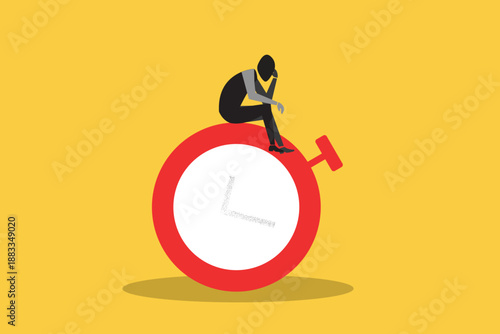 Businessman sitting on a giant stopwatch looking stressed, representing time management, deadlines, and work pressure